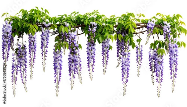 Fototapeta A cascade of lavender-hued, cascading flowers and lush green leaves hang from a brown wooden structure. The blooms dangle gracefully, a vibrant display against the black background