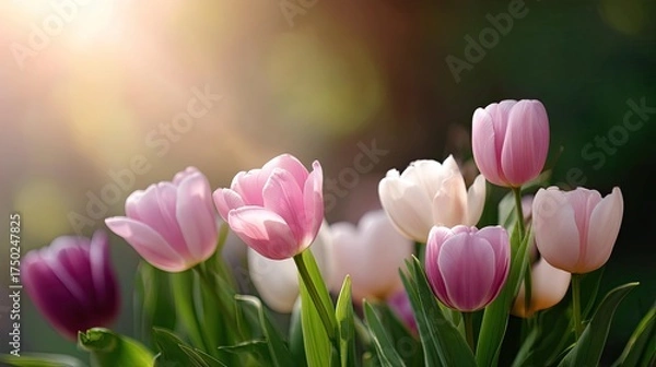 Fototapeta Beautiful Tulips in Soft Pastel Colors with Gentle Sunlight and Blurred Background for Springtime Floral Photography