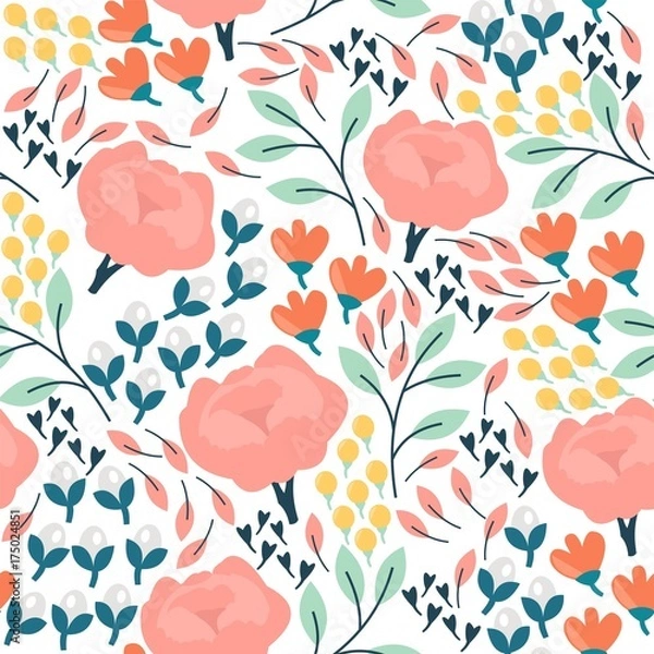 Fototapeta Seamless vector pattern with cute flowers. Hello, spring!