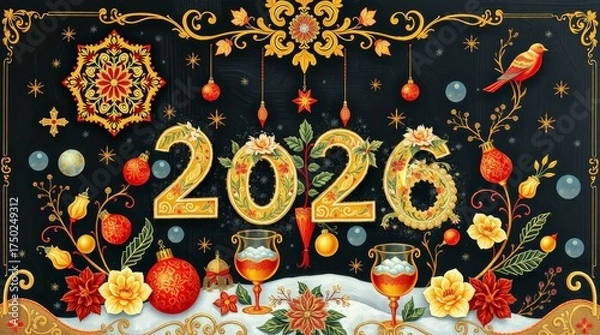 Fototapeta Ornate Traditional Folk Art New Year Greeting Card Gold Floral Christmas Background_6
