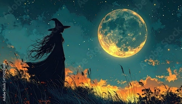 Fototapeta Silhouette of a Witch Under a Full Moon