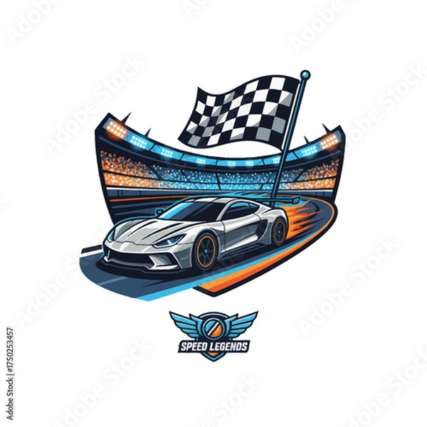 Fototapeta Modern racing car vector illustration. Stock car crossing finish line with checkered flag in a glowing stadium. Ideal for motorsport, speed, and victory themes.