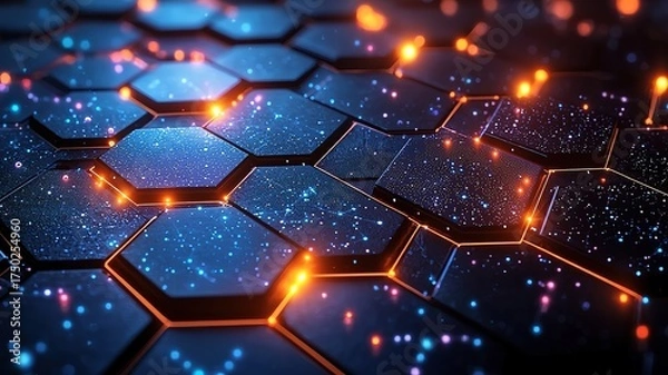 Obraz Dark blue gradient futuristic abstract background with glowing hexagons and data network, 3D design
