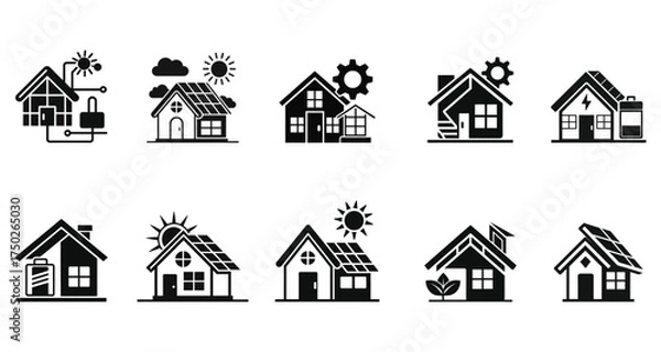 Fototapeta Solar House Icons Set Renewable Energy, Smart Home, and Eco Power System Vector Illustration