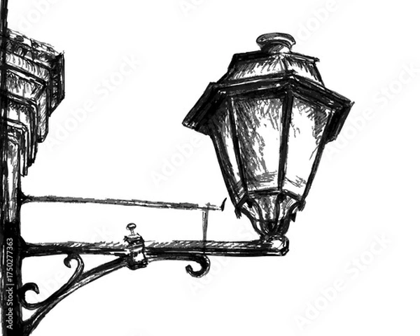 Fototapeta Hand Drawn Vintage Street Lamp Sketch. Artistic street lamp sketch with rough hand-drawn lines and detailed retro lantern design in black and white	
