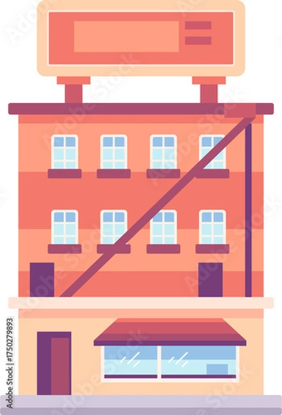 Fototapeta Stylized Building Illustration With Billboard And Storefront Against Transparent Background