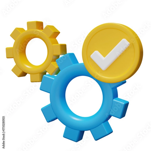 Fototapeta Three Dimensional Gears with Checkmark Symbol and Transparent Background