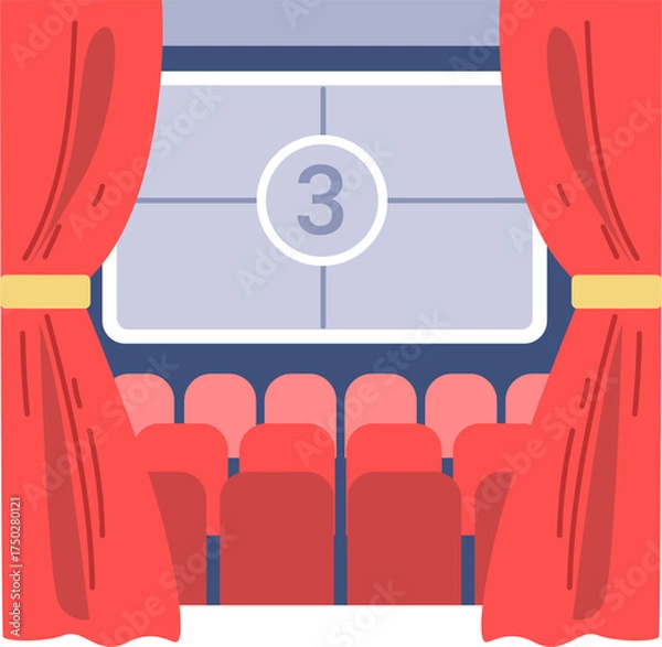 Fototapeta Illustration of a Cinema Interior with Red Curtains and Number Three in the Screen