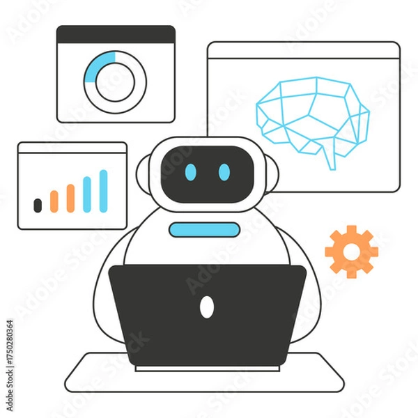 Fototapeta Artificial Intelligence Robot with Charts and Brain Icon on Transparent Background