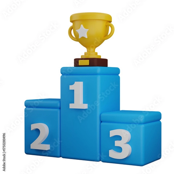 Fototapeta Blue Podium With Golden Trophy And Numbers One Two And Three on a Transparent Background