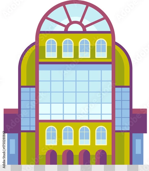 Fototapeta Pixelated Building Facade With Glass Windows and Arched Top on Transparent Background