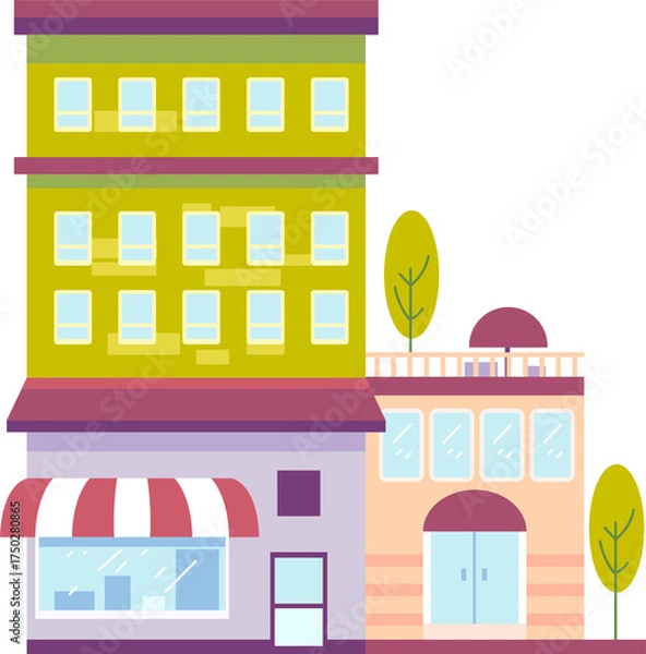 Fototapeta Colorful Pixelated Buildings Illustration with Transparent Background and Green Trees