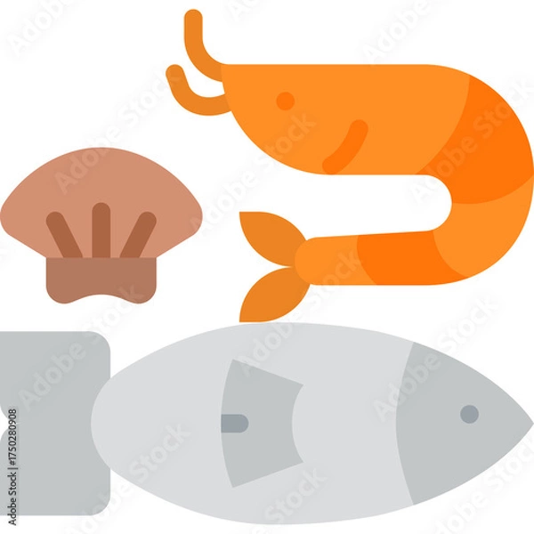 Fototapeta Seafood icons featuring a stylized shrimp fish and scallop on a transparent background