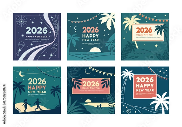 Fototapeta 2026 New Year Celebration Design Set – Modern Festive Party Backgrounds, Tropical Night Holiday Vector Illustrations, Happy New Year Greeting Banner Templates, Abstract Event Art