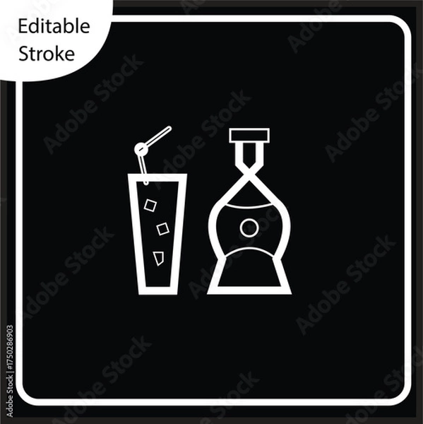 Fototapeta Clean, editable stroke icons of a tall drink with ice and a unique mixer bottle, presented in white on a dark background. Ideal for dark mode bar menus and food delivery apps.