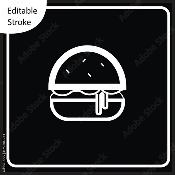 Fototapeta Clean, editable stroke hamburger icon with dripping sauce, in white outline on a dark background. Essential for dark mode food delivery apps, restaurant menus, and culinary digital projects
