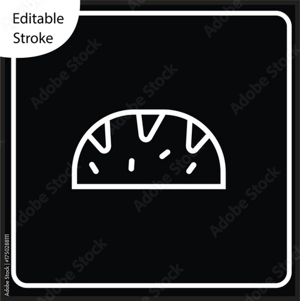 Obraz Clean, editable stroke taco or pastry icon in white outline on a dark background. Essential for dark mode Mexican food apps, bakery menus, and culinary digital projects
