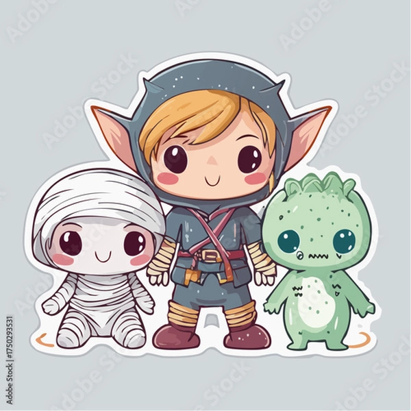 Obraz Adorable Chibi Fantasy Adventure Characters Sticker Pack featuring a cute mummy, a brave elf-like adventurer, and a friendly green plant creature. Perfect for whimsical children's designs