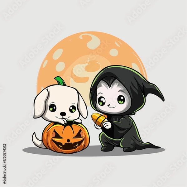 Obraz Halloween Friends Puppy and Reaper with Pumpkin & Candy Corn