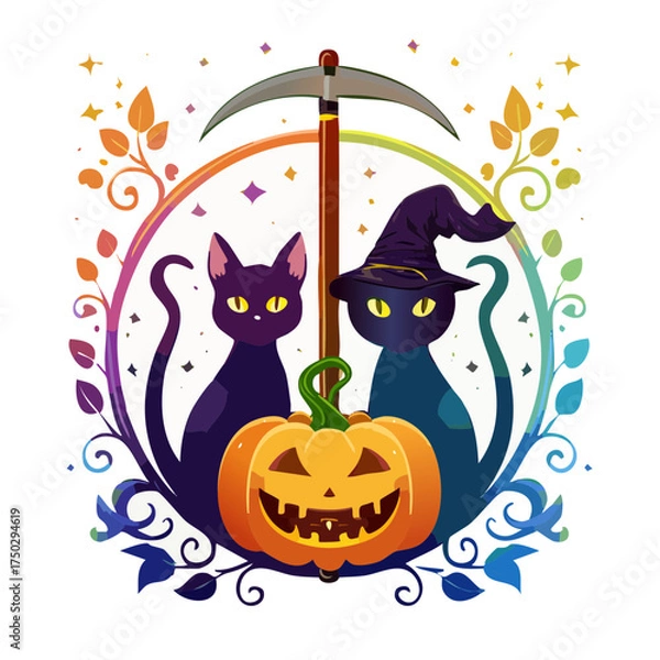 Obraz Halloween Cat & Pumpkin Scene with Scythe Illustration
