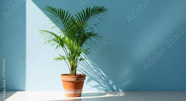 Fototapeta Indoor areca palm in a terracotta pot against a blue wall with sunlight and shadows