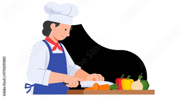 Fototapeta Professional chef skillfully chopping fresh vegetables for a healthy and delicious meal preparation. Ideal for illustrating culinary arts, cooking demonstrations, or healthy eating guides.