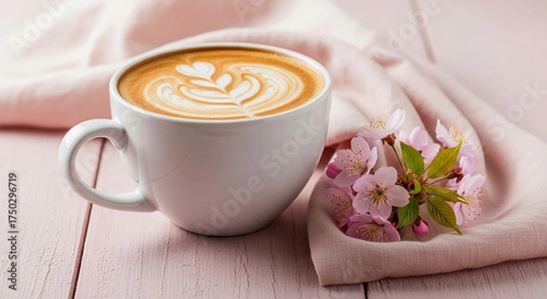 Fototapeta A cup of cappuccino with latte art and cherry blossom on a pink wooden table