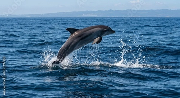Obraz A dolphin leaps out of the water, creating a splash.