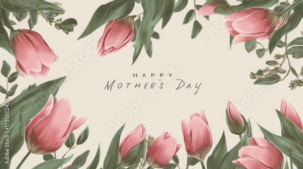 Obraz Soft pink tulips and lush green leaves frame a "Happy Mother's Day" greeting