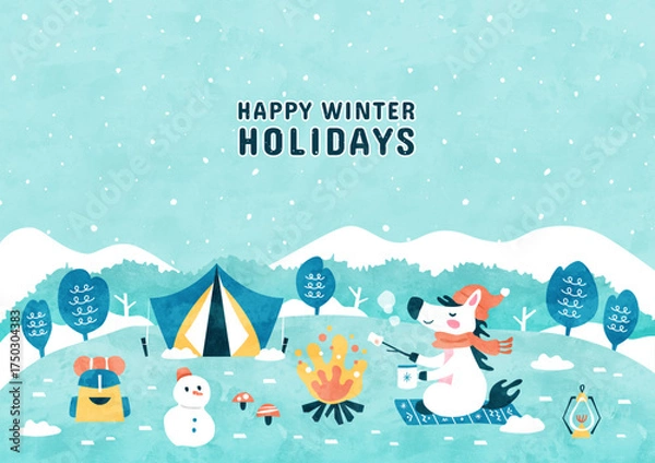 Obraz 馬の冬キャンプの背景イラスト 雪が舞う山々と雪原の自然風景（水彩風）