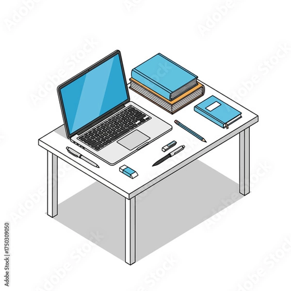 Fototapeta Isometric view of a white desk with a laptop, books, and stationery items.