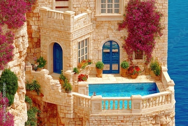 Fototapeta Coastal villa with a pool and vibrant flowers