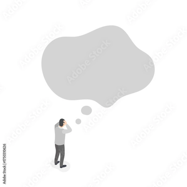 Fototapeta 頭をかかえて悩む男性と大きなもやもや吹き出しのベクターイラスト (不安・悩み・葛藤・心配) アイソメトリック