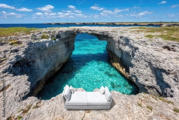 Fototapeta Light gray couch on coastal rock outcrop