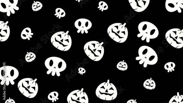 Fototapeta Halloween pattern image with white pumpkins and skulls on a black base. Ideal for haunted house flyers, halloween project, or spooky marketing.