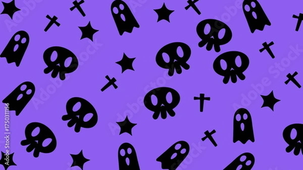 Obraz Halloween pattern image with black skulls, ghosts, stars, and crosses, creating a spooky and edgy design perfect for halloweenthemed projects.