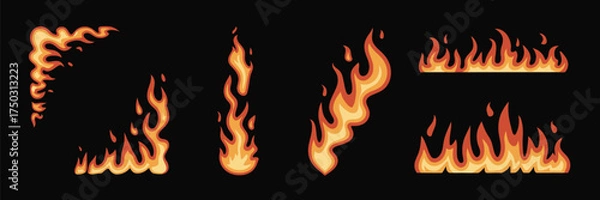 Fototapeta Fiery Frame Border Set,  Realistic Burning Flame Corners and Lines, Glowing Inferno Effect on Black Background for Hot Energy, Power, and Danger Design Concepts