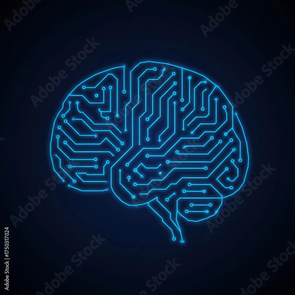 Obraz A glowing blue circuit board shaped like a human brain on a dark background, symbolizing artificial intelligence and technology.