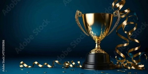 Fototapeta A golden trophy shines against a blue background, symbolizing business success.