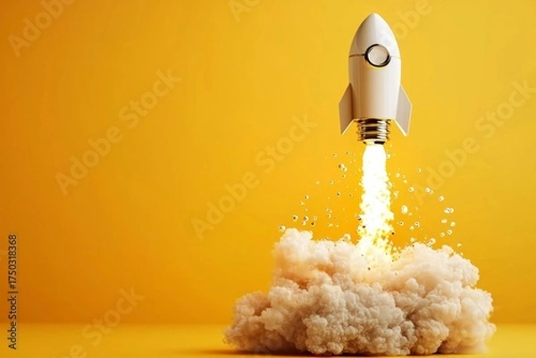 Fototapeta Emphasizing business growth, the light bulb rockets upward on a bright yellow canvas.