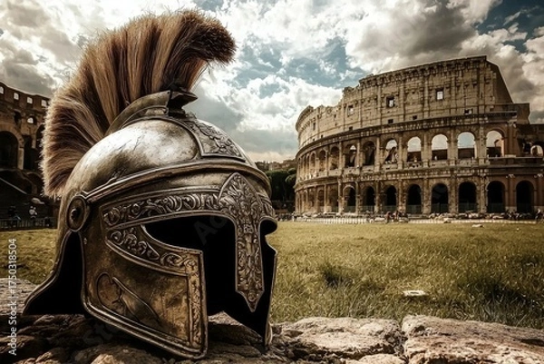 Obraz A majestic landscape featuring an ancient gladiator helmet.