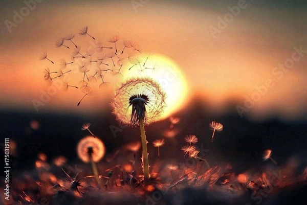 Fototapeta A serene dandelion field illuminated by a stunning sunset.