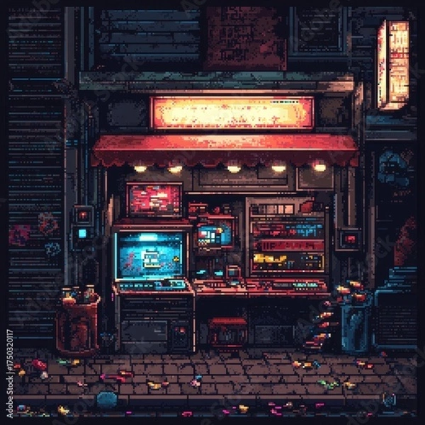 Fototapeta Gamers and passersby marvel at the pixelated design of the gaming machine in the market.