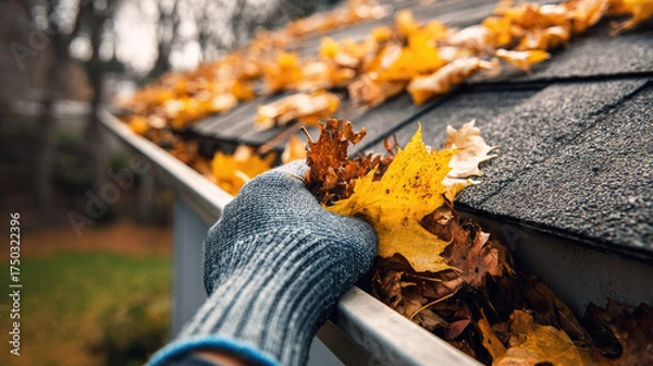 Fototapeta Man hand cleaning leaves from roof rain gutter concept. A hand in a glove clearing leaves from a rooftop gutter.