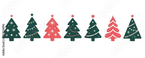 Obraz Decorated Christmas Tree Set, Red and Green Holiday Trees, vector, silhouette, illustration.