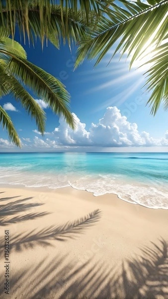 Fototapeta Tropical Beach With Palm Tree Shadows On Golden Sand And Turquoise Ocean Waves Under Bright Sunny Blue Sky
