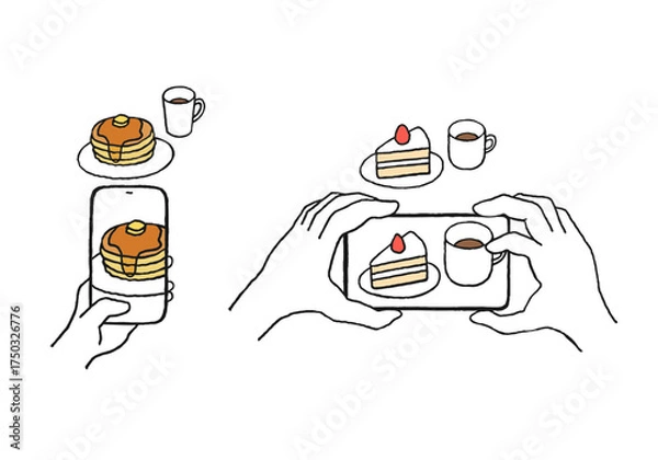 Obraz スマホでスイーツを撮影している手描きイラスト