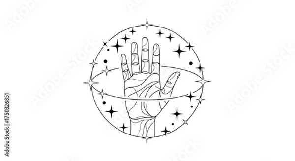 Fototapeta Mystical hand surrounded by stars and celestial orbits representing cosmic energy and destiny.