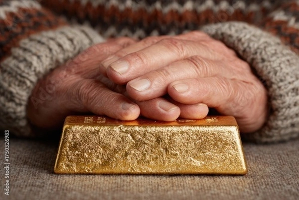 Fototapeta Elderly couple holding hands over golden financial asset personal space close-up shot warm atmosphere