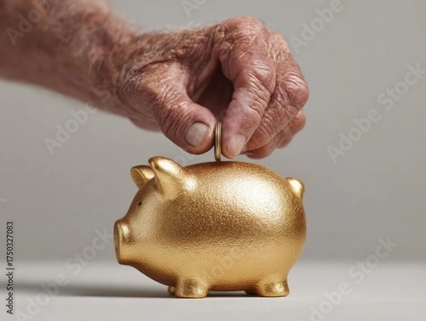 Fototapeta Elderly hands inserting coin into golden piggy bank close-up financial savings concept minimalist background